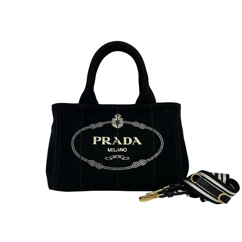 PRADA Canapa Triangle Logo Hardware Canvas 2-way Shoulder Bag Handbag Mini To...